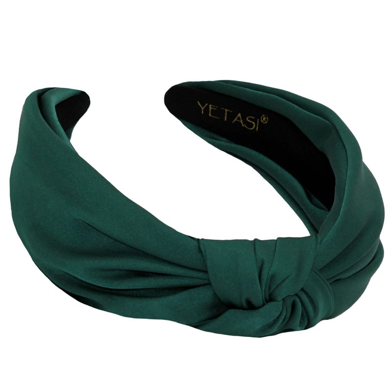 YETASI Green Headband Warable All Day Sain Headbands Made of Silk Quality Satin Fabric Nonslip Comfortable Adjustable Size Forest Green Knotted Headband Fashion Designer Head band Womens Girl